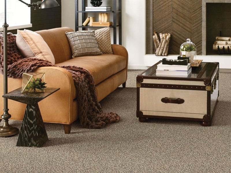 Living room with an orange couch and brown carpet from Perge Carpet & Floors in Wheaton, MD