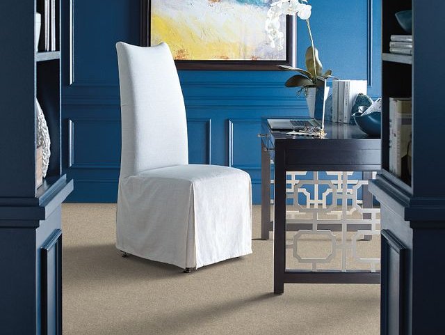 white chair in a room with blue walls and brown carpet from Perge Carpet & Floors in Wheaton, MD